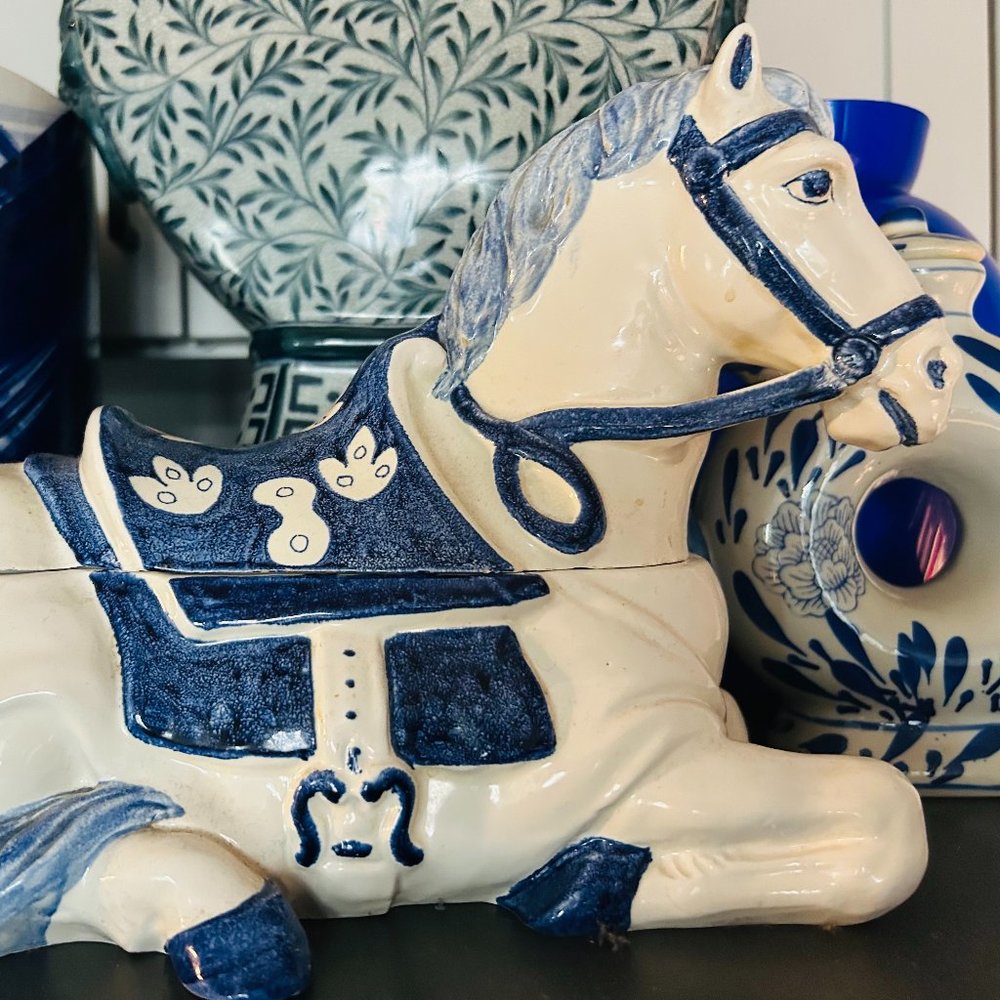 Blue and White Horse Cookie Jar - Hand-painted Italian Antique Rare Majolica